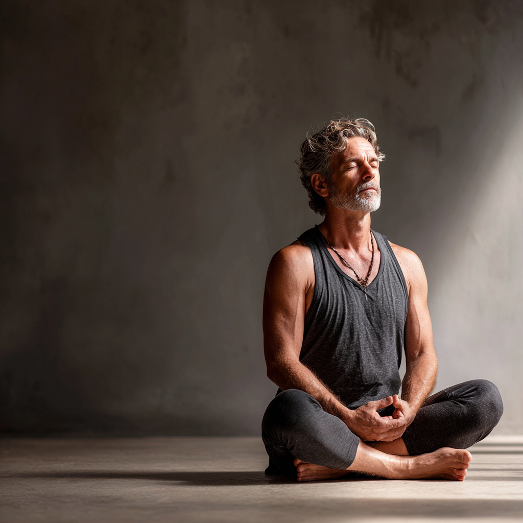 Experienced middle-aged yoga instructor demonstrating gentle pose in peaceful studio